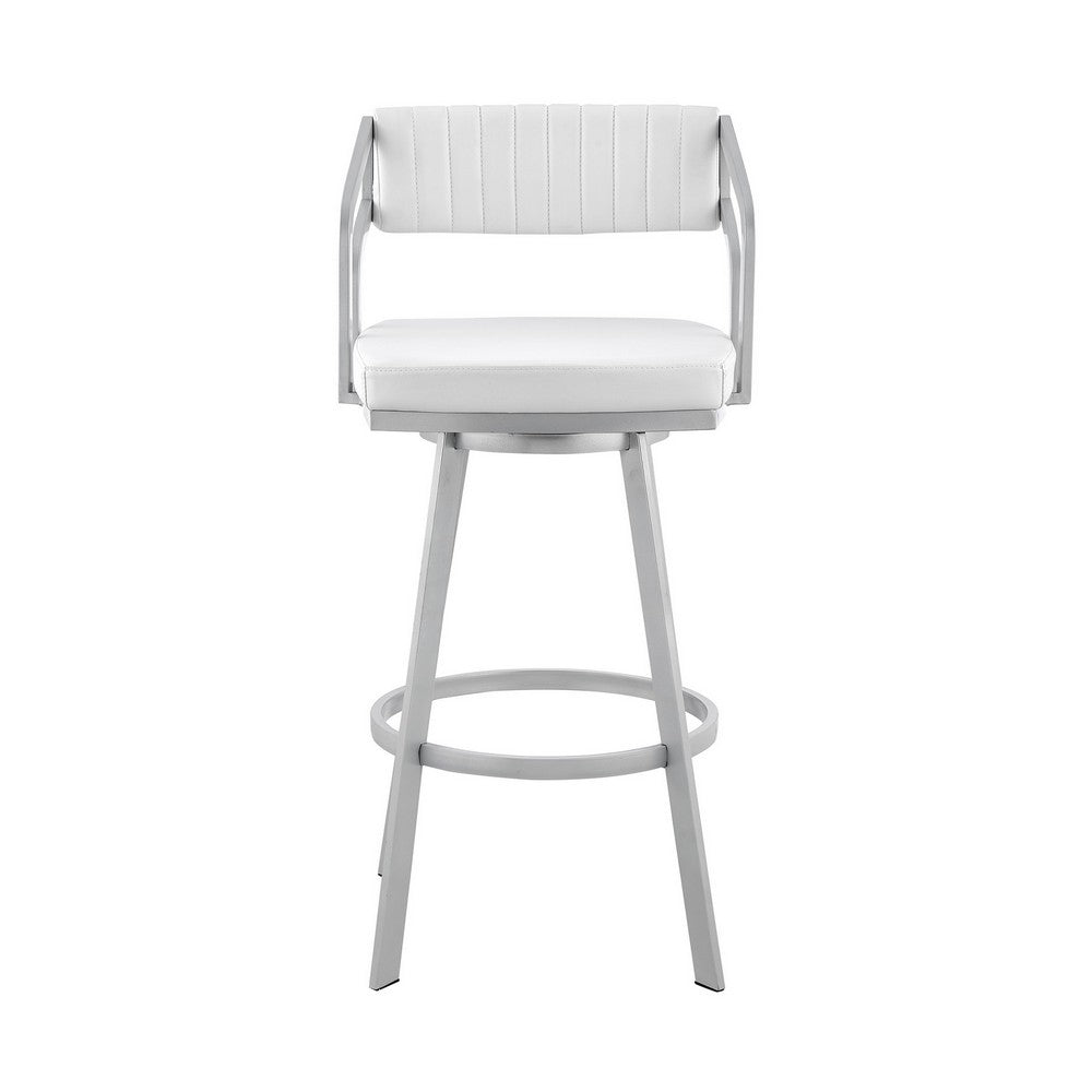 Benjara Lyla 26 Inch Counter Height Stool, Swivel, Faux Leather, White, Silver