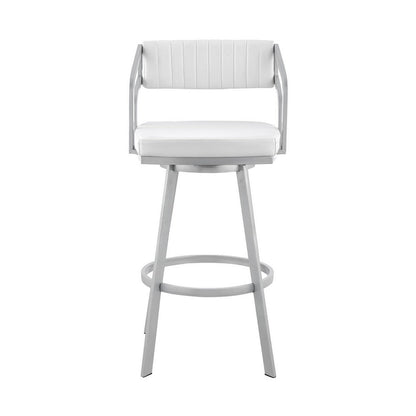 Benjara Lyla 26 Inch Counter Height Stool, Swivel, Faux Leather, White, Silver