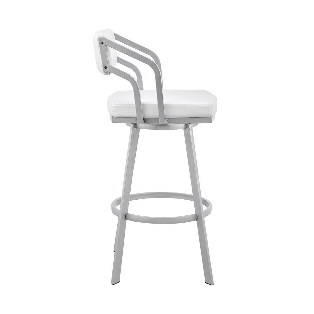 Benjara Lyla 26 Inch Counter Height Stool, Swivel, Faux Leather, White, Silver