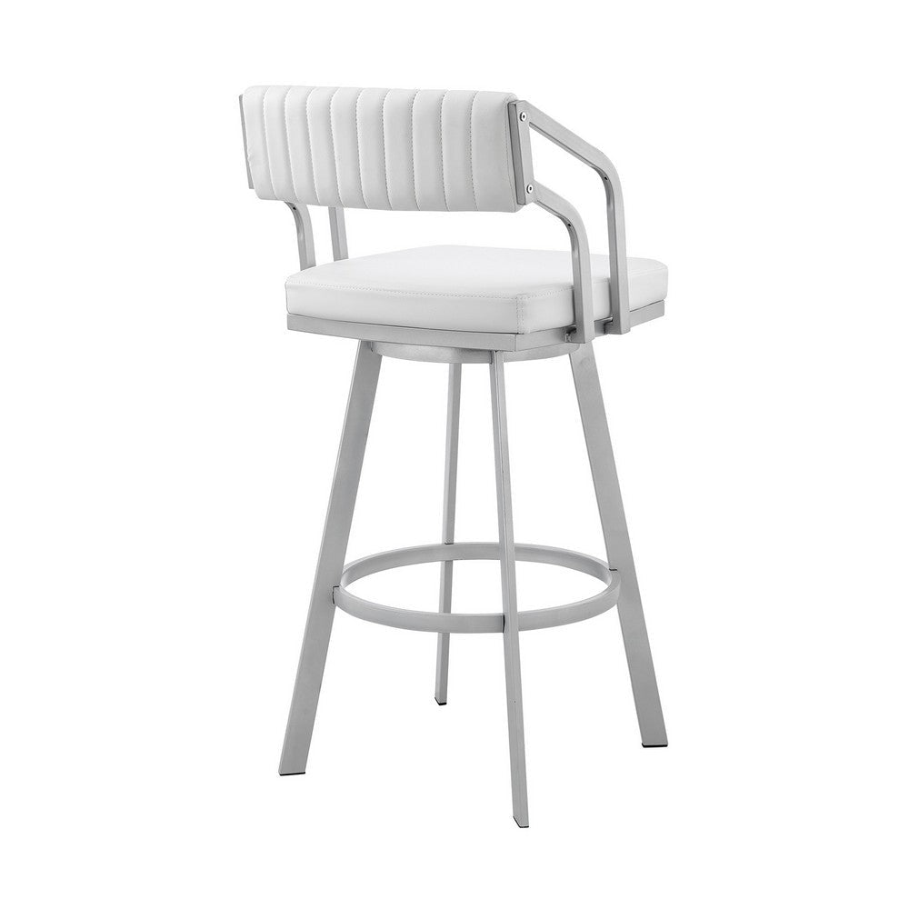 Benjara Lyla 26 Inch Counter Height Stool, Swivel, Faux Leather, White, Silver