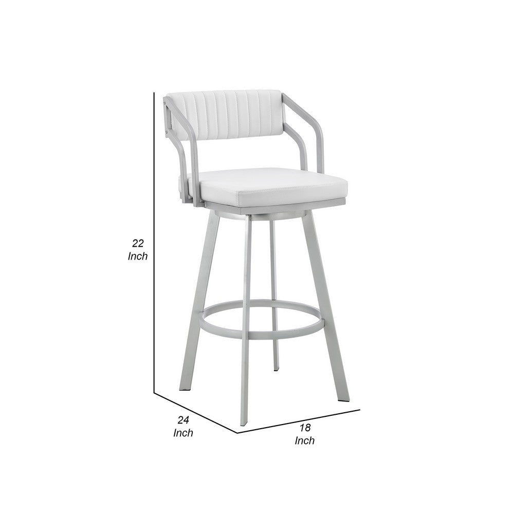 Benjara Lyla 26 Inch Counter Height Stool, Swivel, Faux Leather, White, Silver