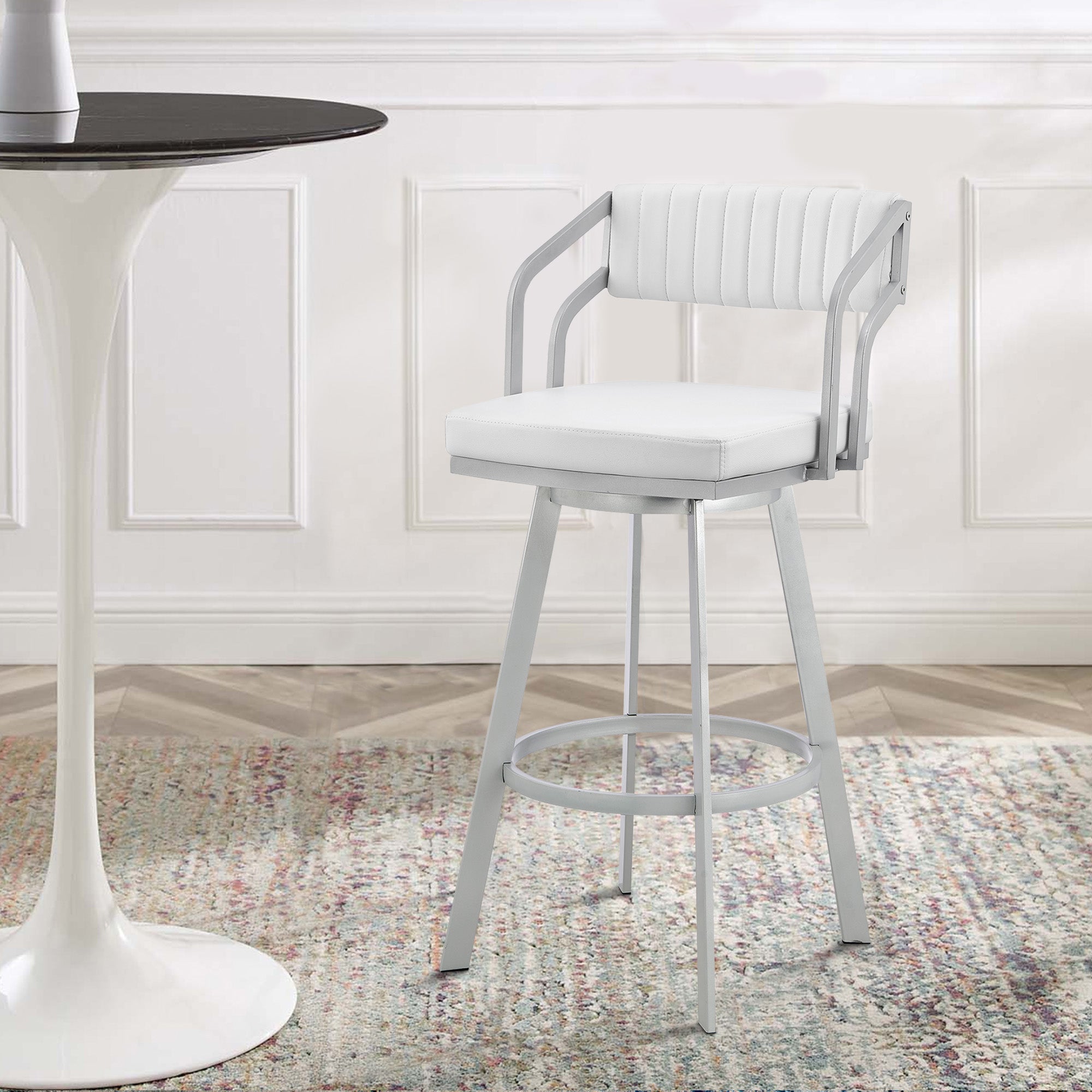 Benjara Lyla 26 Inch Counter Height Stool, Swivel, Faux Leather, White, Silver