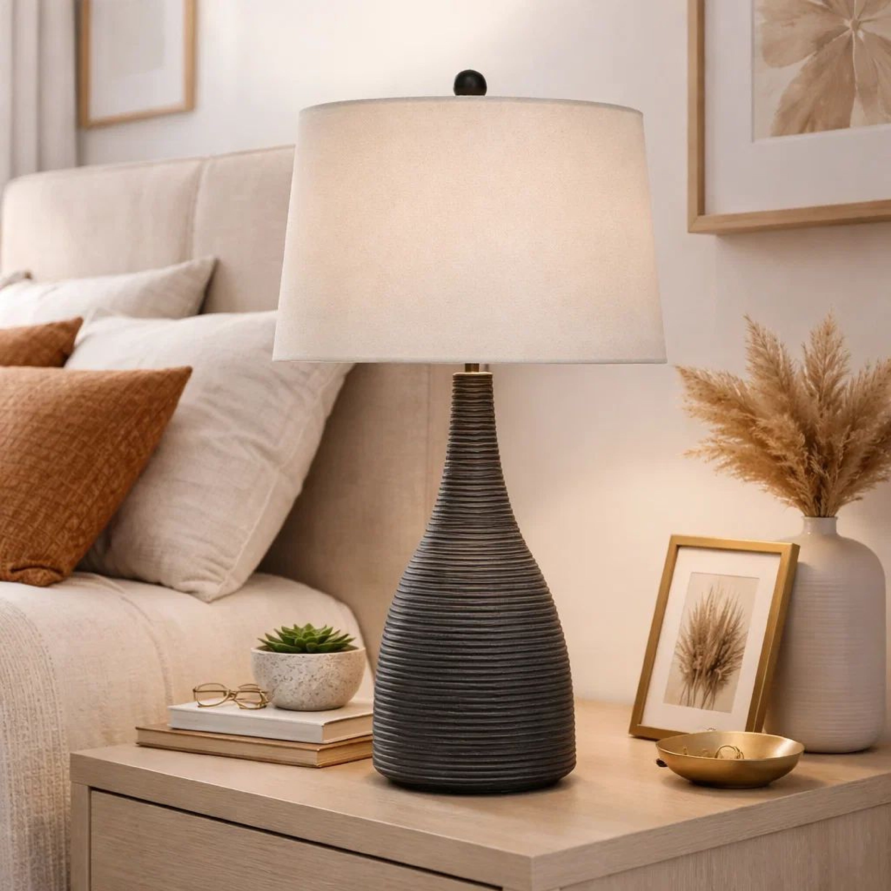 Benjara 29 Inch Classic Table Lamp, Textured Lined Body, Ceramic, Charcoal Black