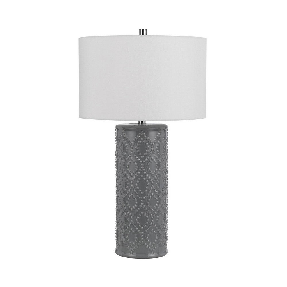 Benjara 29 Inch Accent Table Lamp Set of 2, Tall Cylinder, Ball Finial Accent, Gray