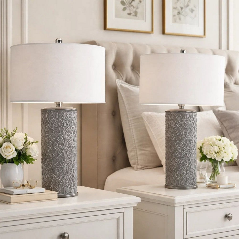 Benjara 29 Inch Accent Table Lamp Set of 2, Tall Cylinder, Ball Finial Accent, Gray