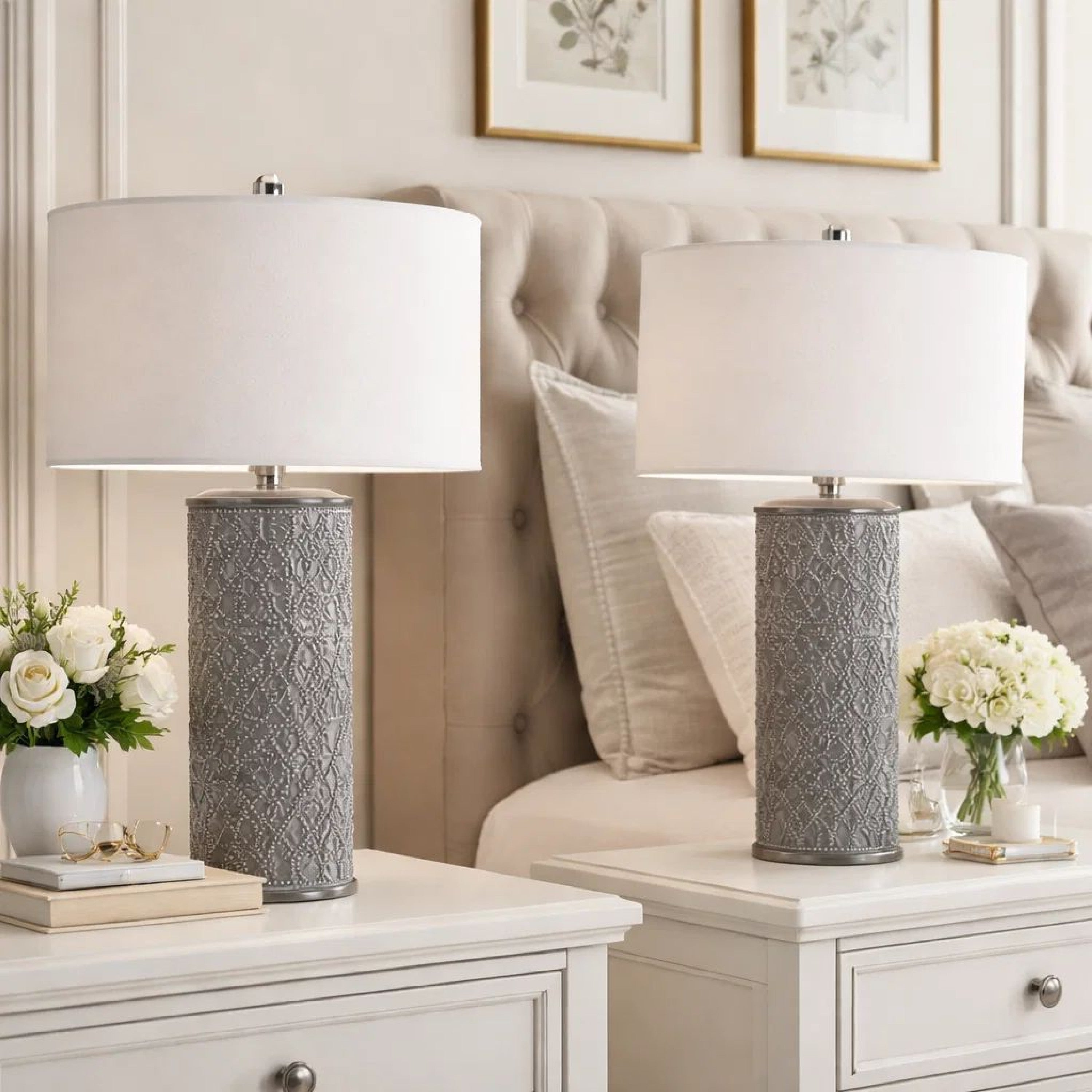 Benjara 29 Inch Accent Table Lamp Set of 2, Tall Cylinder, Ball Finial Accent, Gray