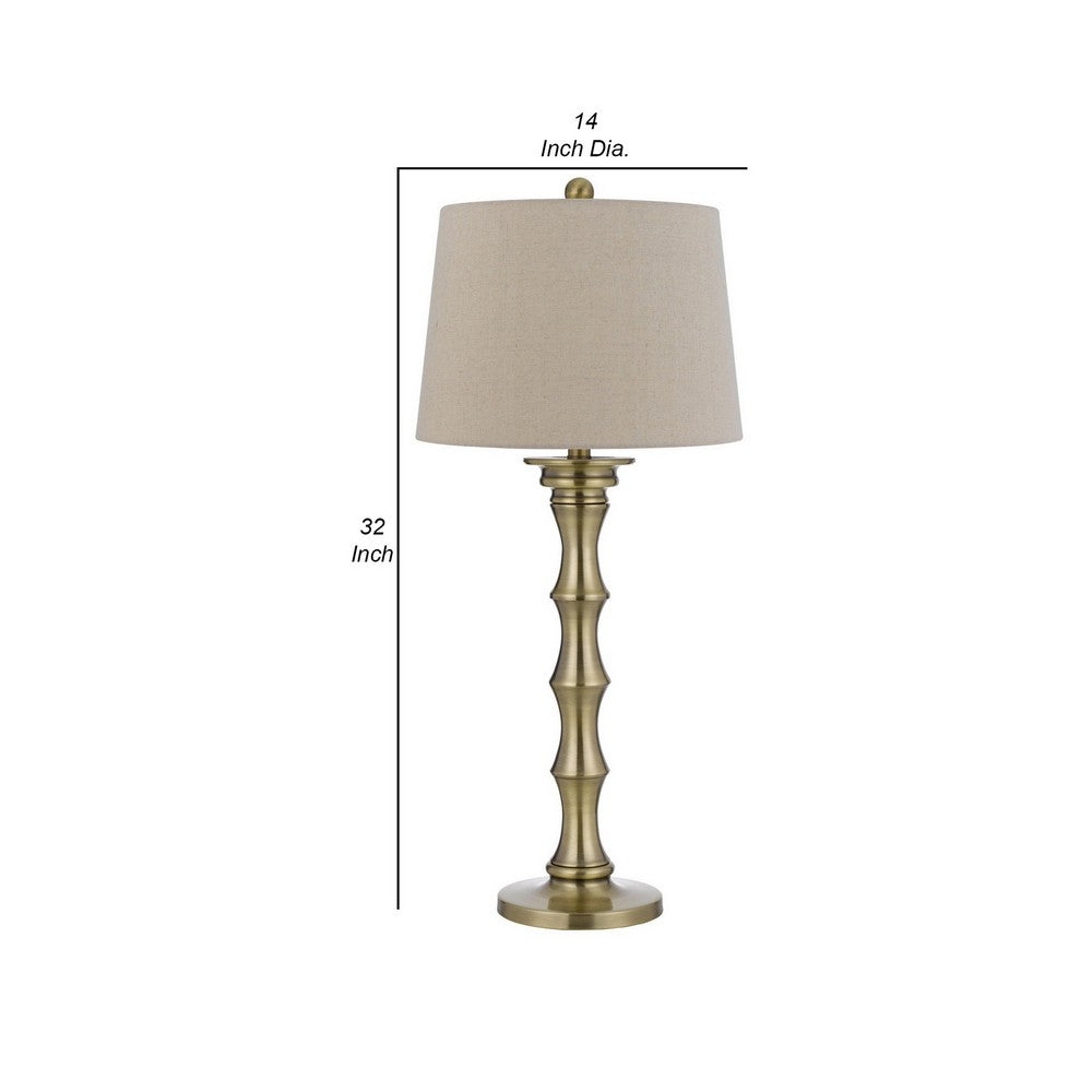 Benjara Noah 32 Inch Accent Table Lamp Set of 2, Turned Pedestal, Antique Brass