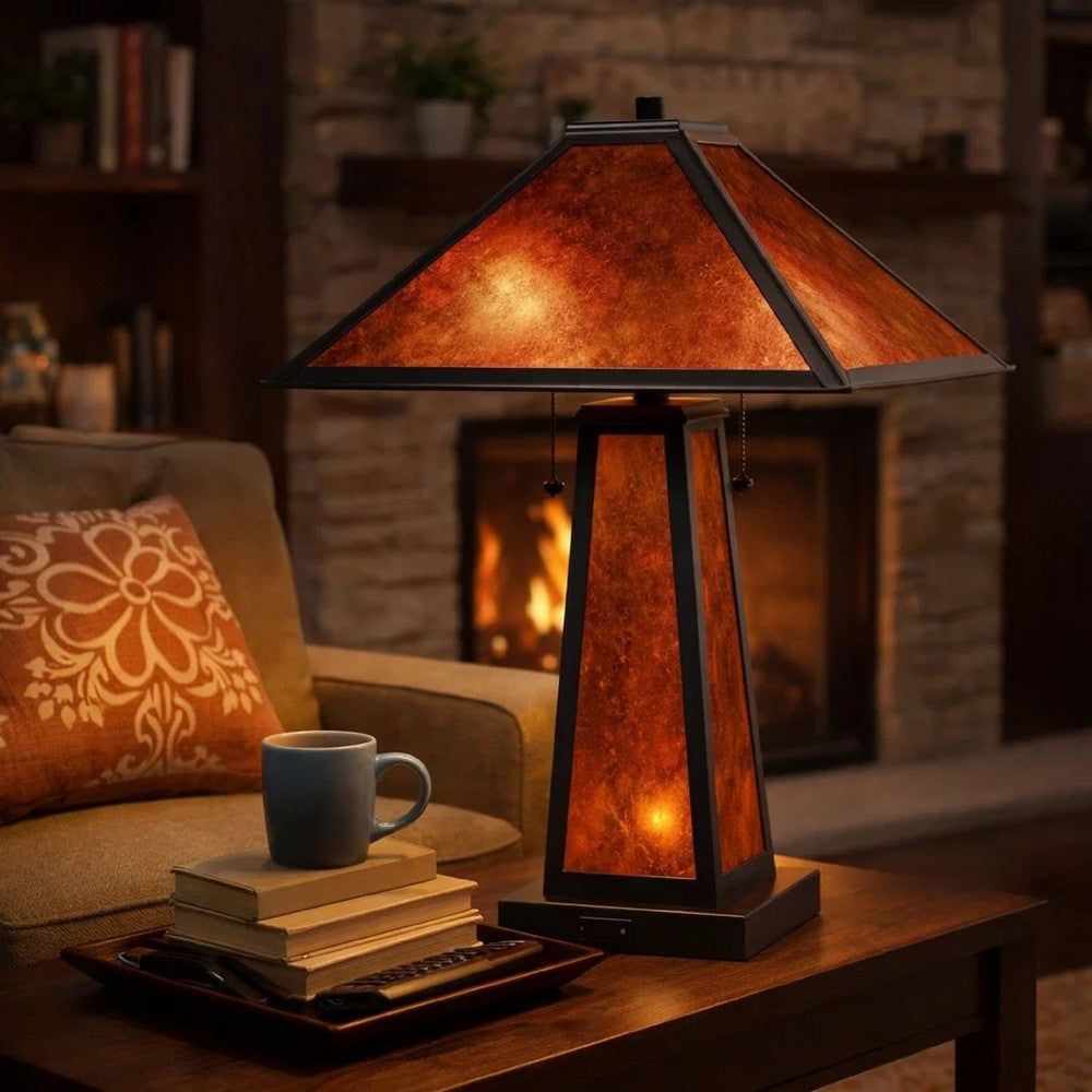 Benjara 24 Inch Elegant Mica Table Lamp With Night Light, Pull Chain Switch