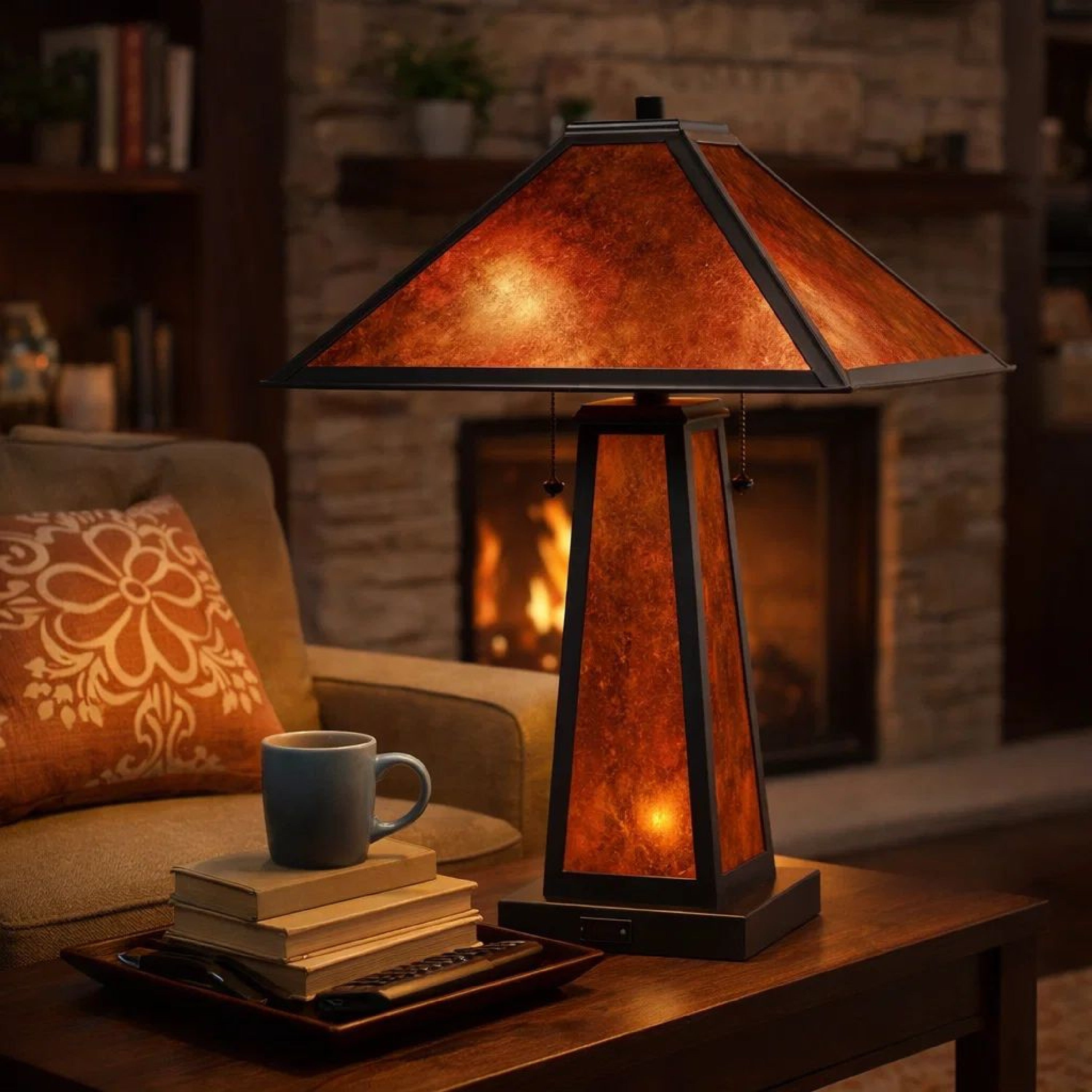 Benjara 24 Inch Elegant Mica Table Lamp With Night Light, Pull Chain Switch