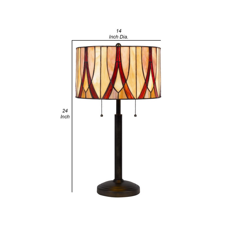 Benjara Eli 24 Inch Tiffany Style Table Lamp, Glass Shade, Antique Bronze