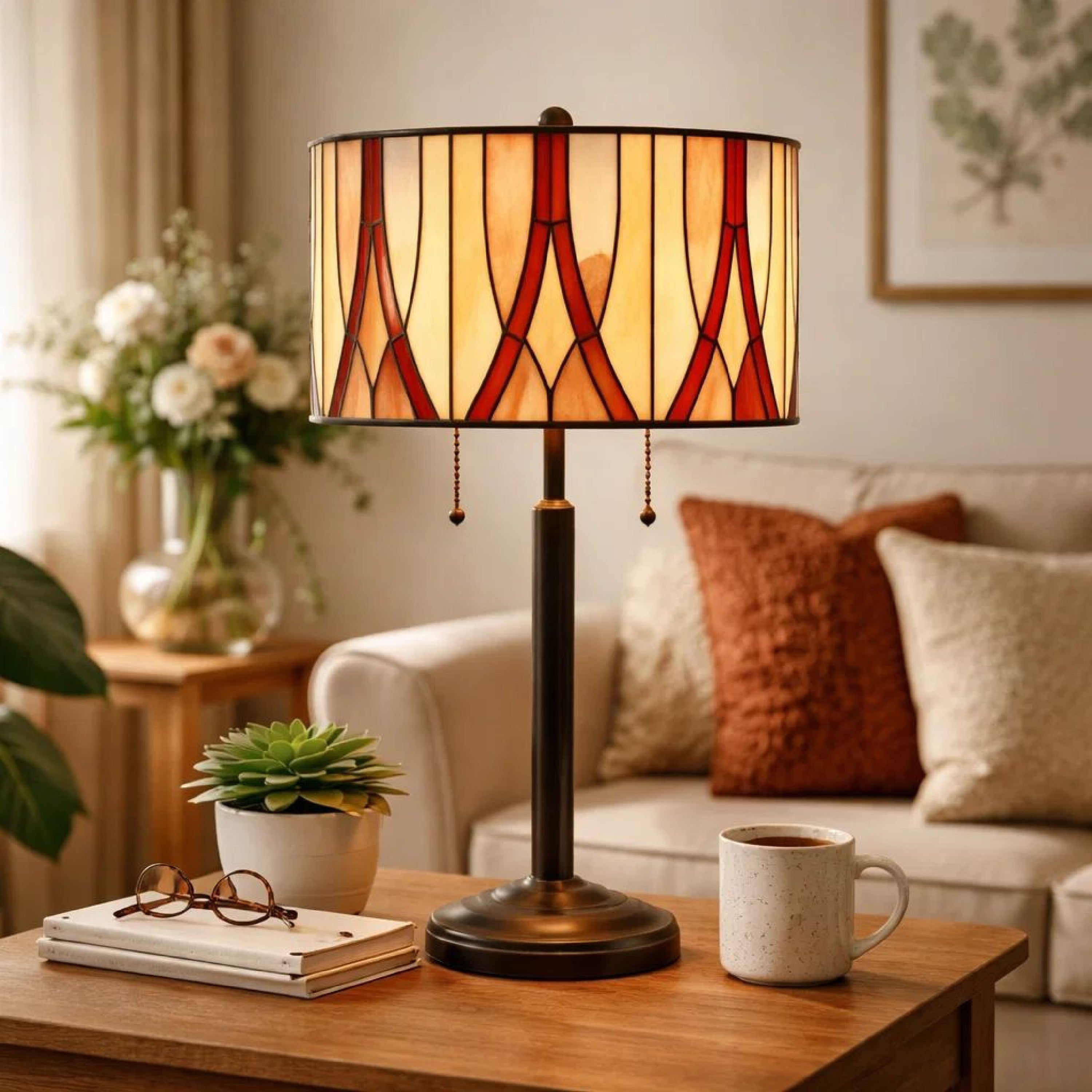 Benjara Eli 24 Inch Tiffany Style Table Lamp, Glass Shade, Antique Bronze
