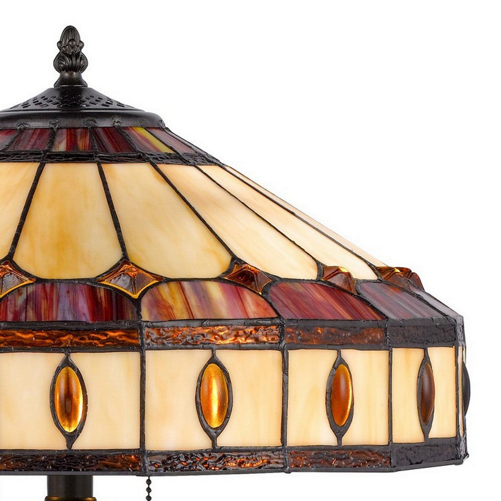 Benjara Xia 26 Inch Tiffany Style Vintage Table Lamp, Glass Shade, Antique Bronze