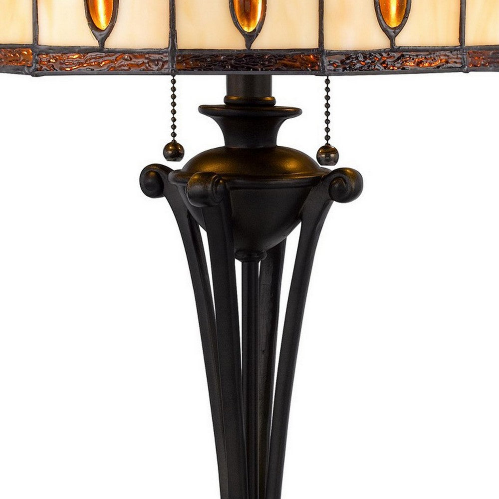 Benjara Xia 26 Inch Tiffany Style Vintage Table Lamp, Glass Shade, Antique Bronze