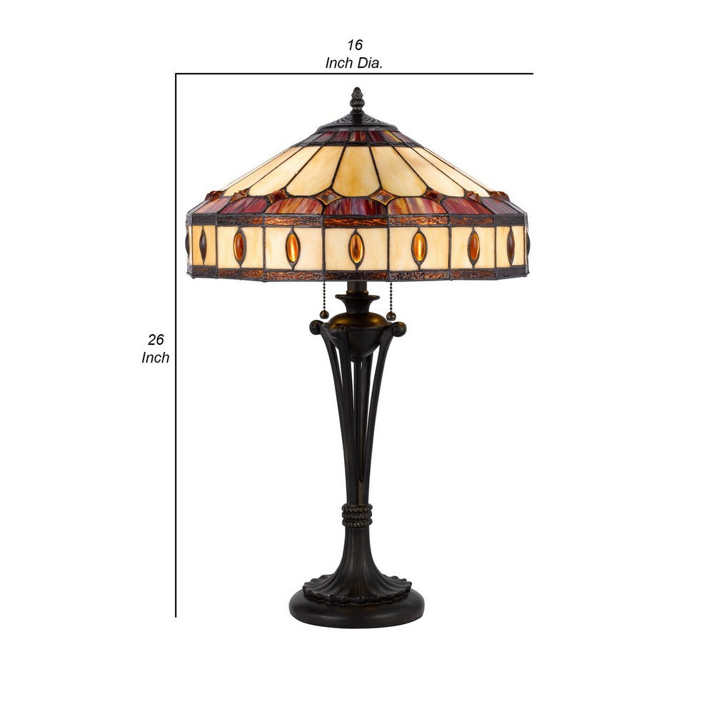 Benjara Xia 26 Inch Tiffany Style Vintage Table Lamp, Glass Shade, Antique Bronze