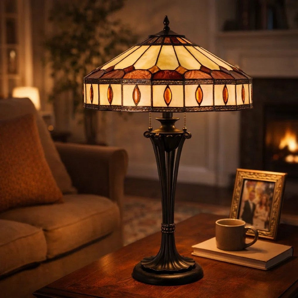 Benjara Xia 26 Inch Tiffany Style Vintage Table Lamp, Glass Shade, Antique Bronze