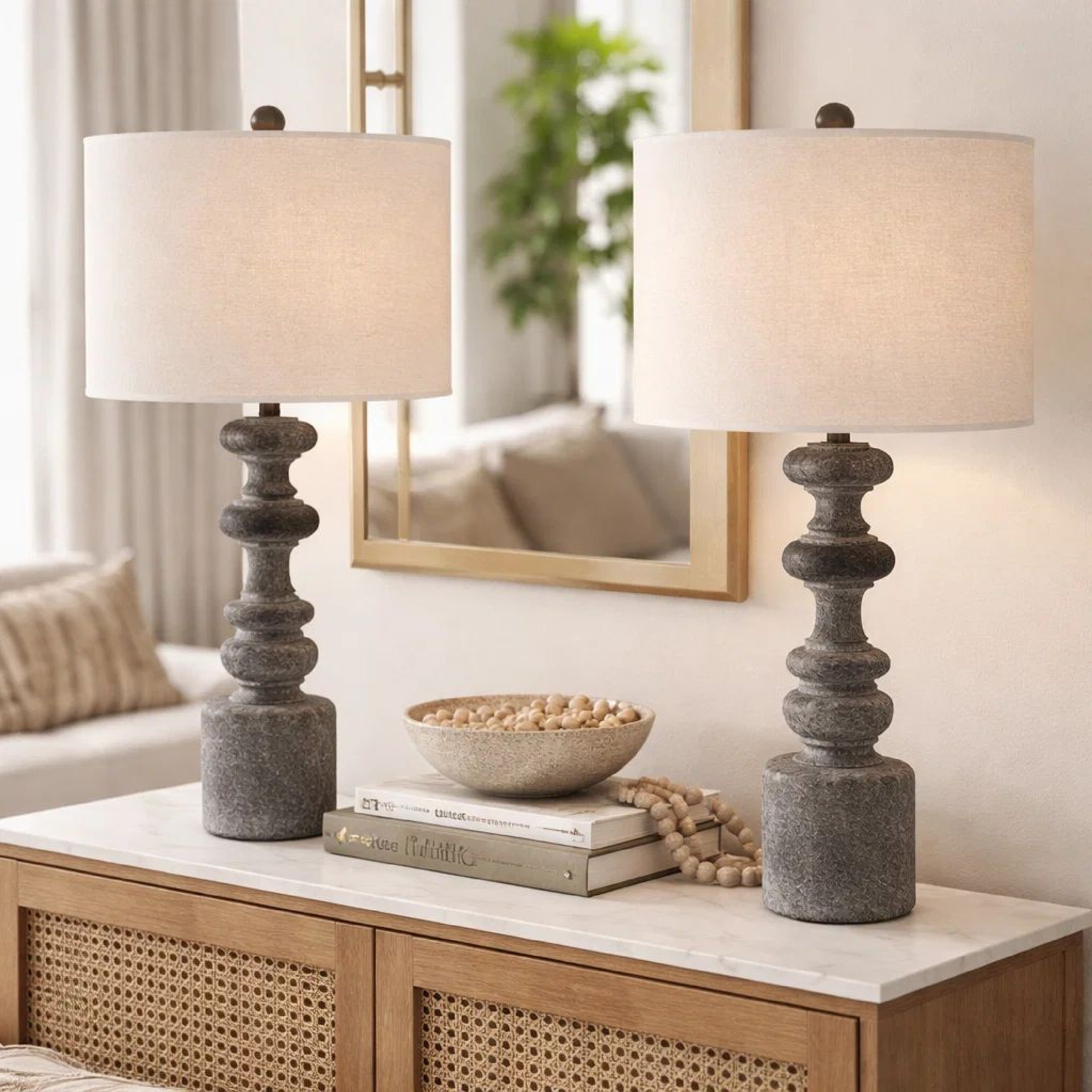 Benjara 31 Inch Accent Table Lamp, Resin Turned Base, Set of 2, Beige, Gray