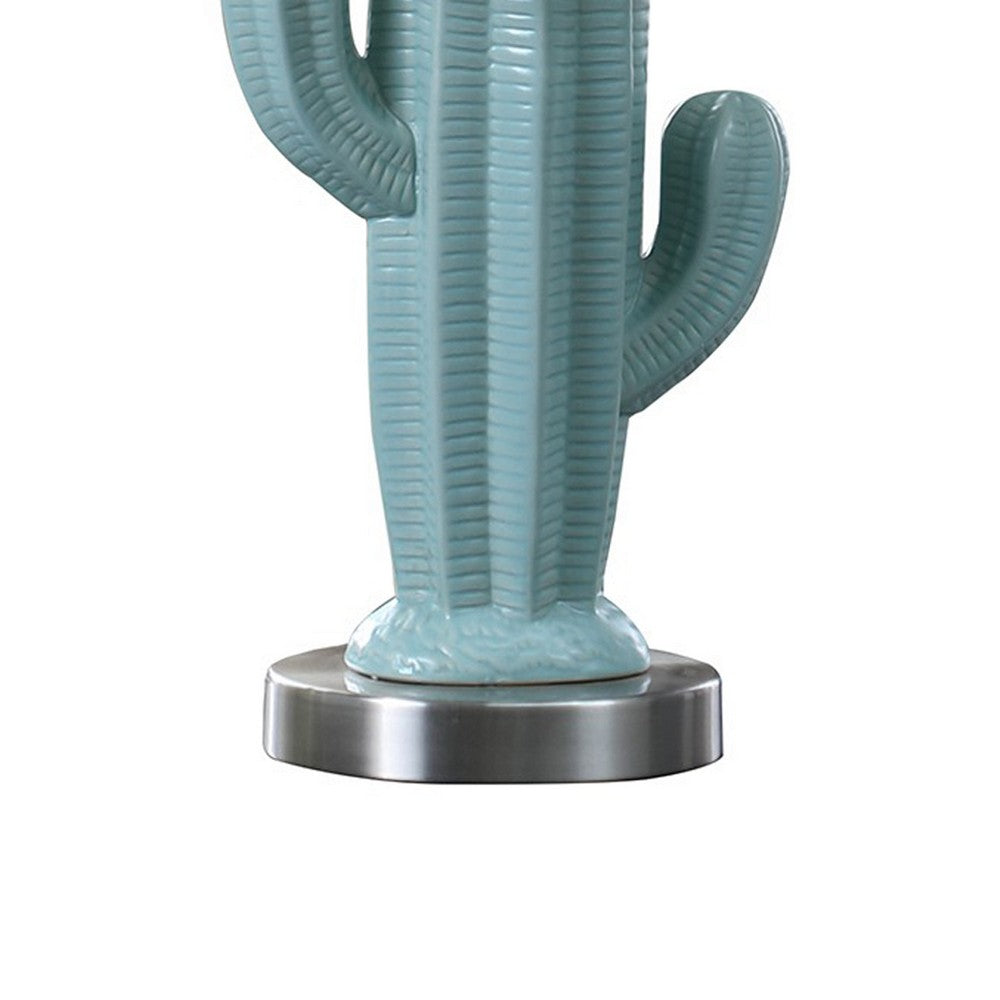 Benjara 22 Inch Accent Table Lamp, Cactus Designed Body, Metal Base, Blue, White