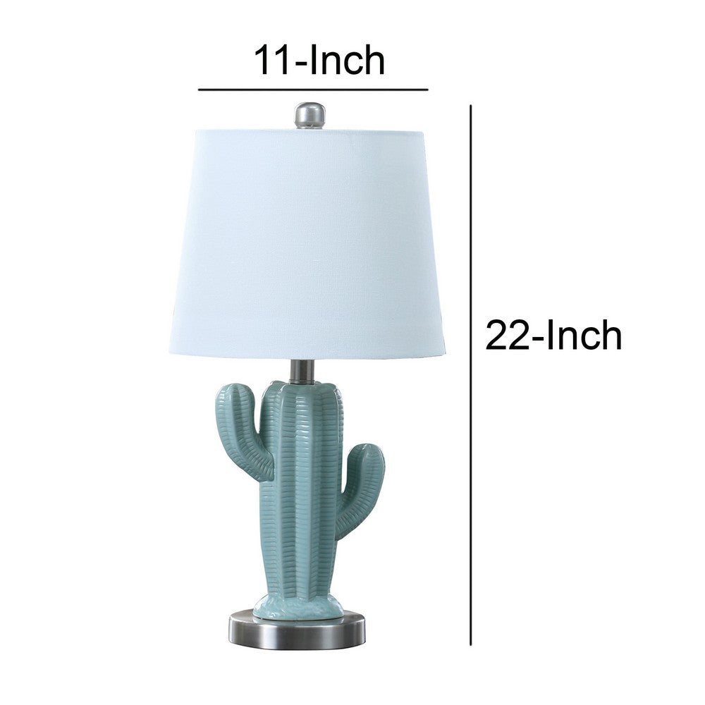 Benjara 22 Inch Accent Table Lamp, Cactus Designed Body, Metal Base, Blue, White