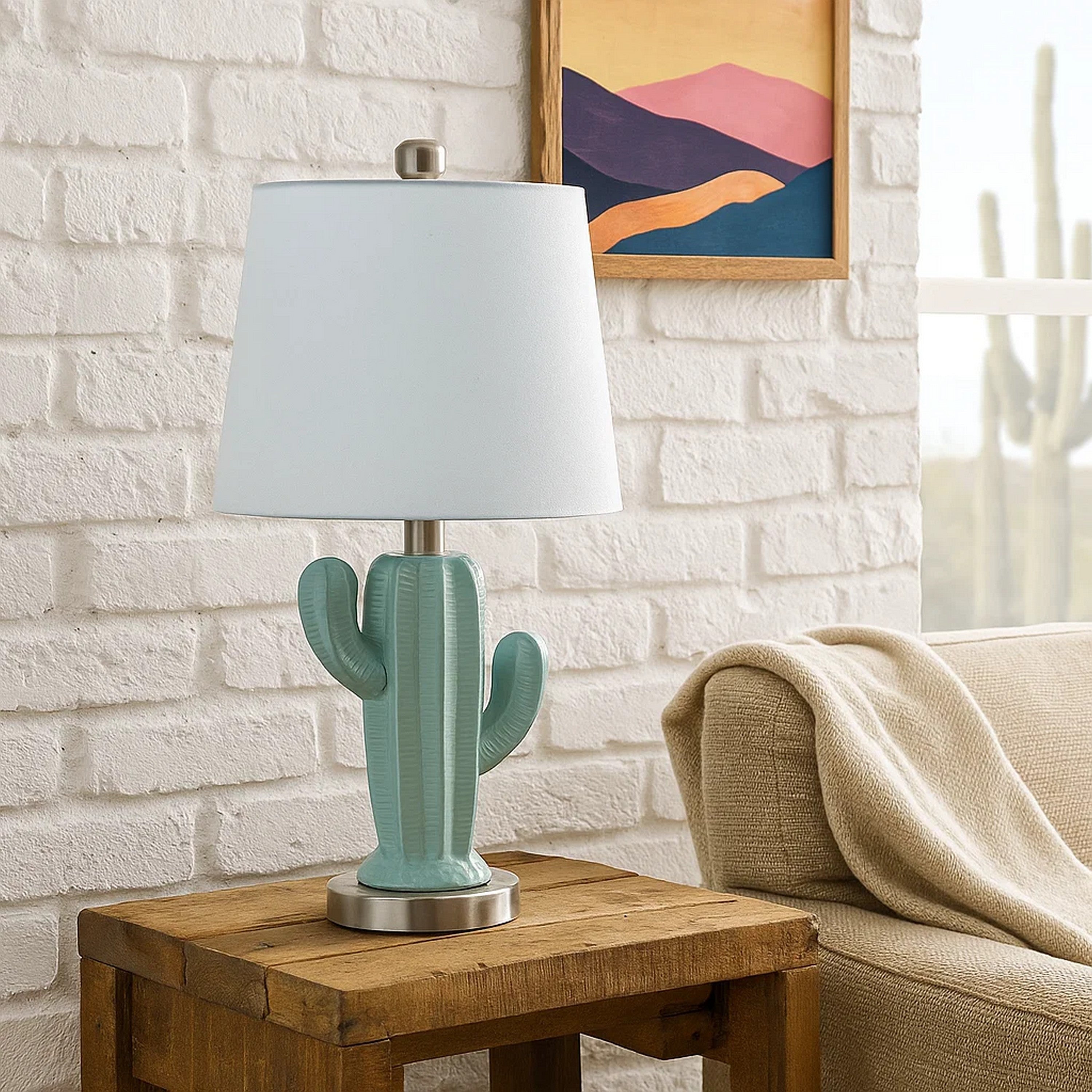 Benjara 22 Inch Accent Table Lamp, Cactus Designed Body, Metal Base, Blue, White