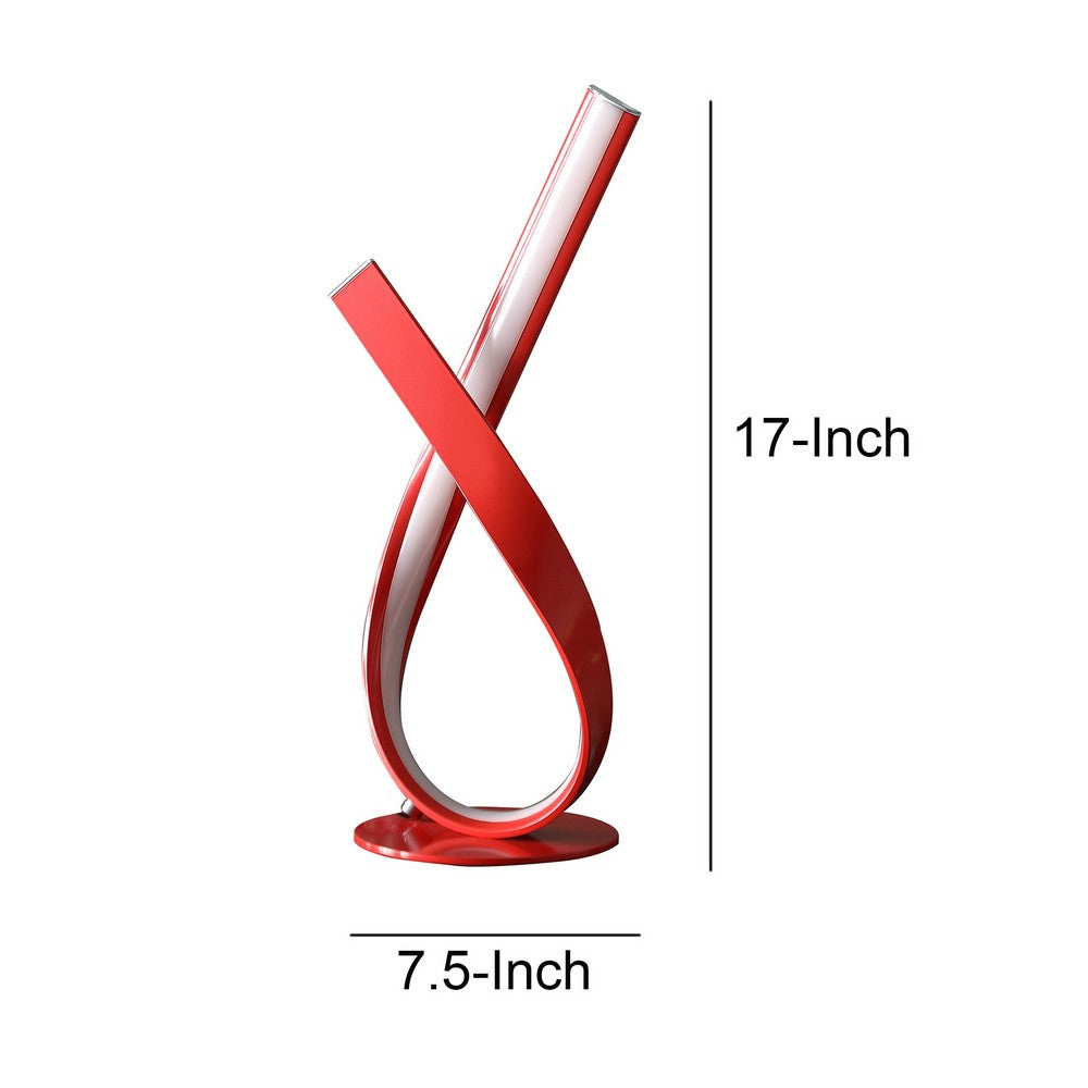 Benjara 17 Inch Accent Table Lamp, Ribboned Bow, Round Base, LED Lighting, Red