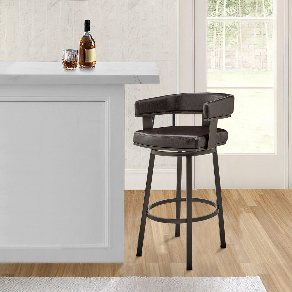 Benjara Jack 26 Inch Counter Height Bar Stool, Swivel Chair, Faux Leather, Brown
