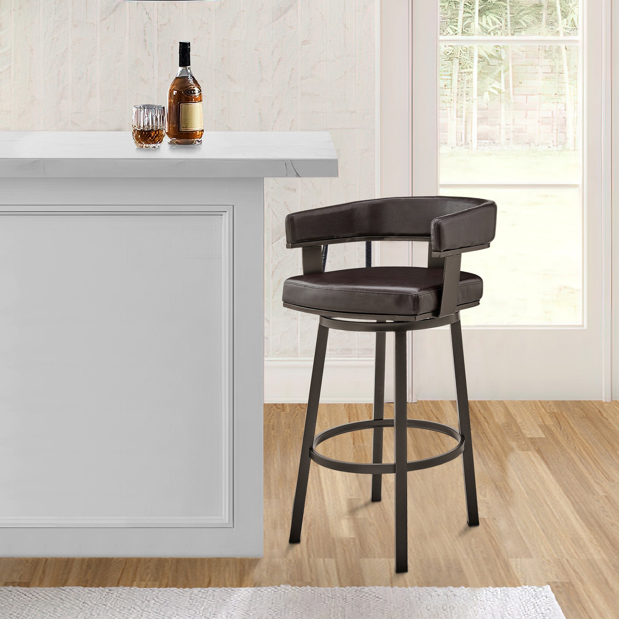 Benjara Jack 26 Inch Counter Height Bar Stool, Swivel Chair, Faux Leather, Brown