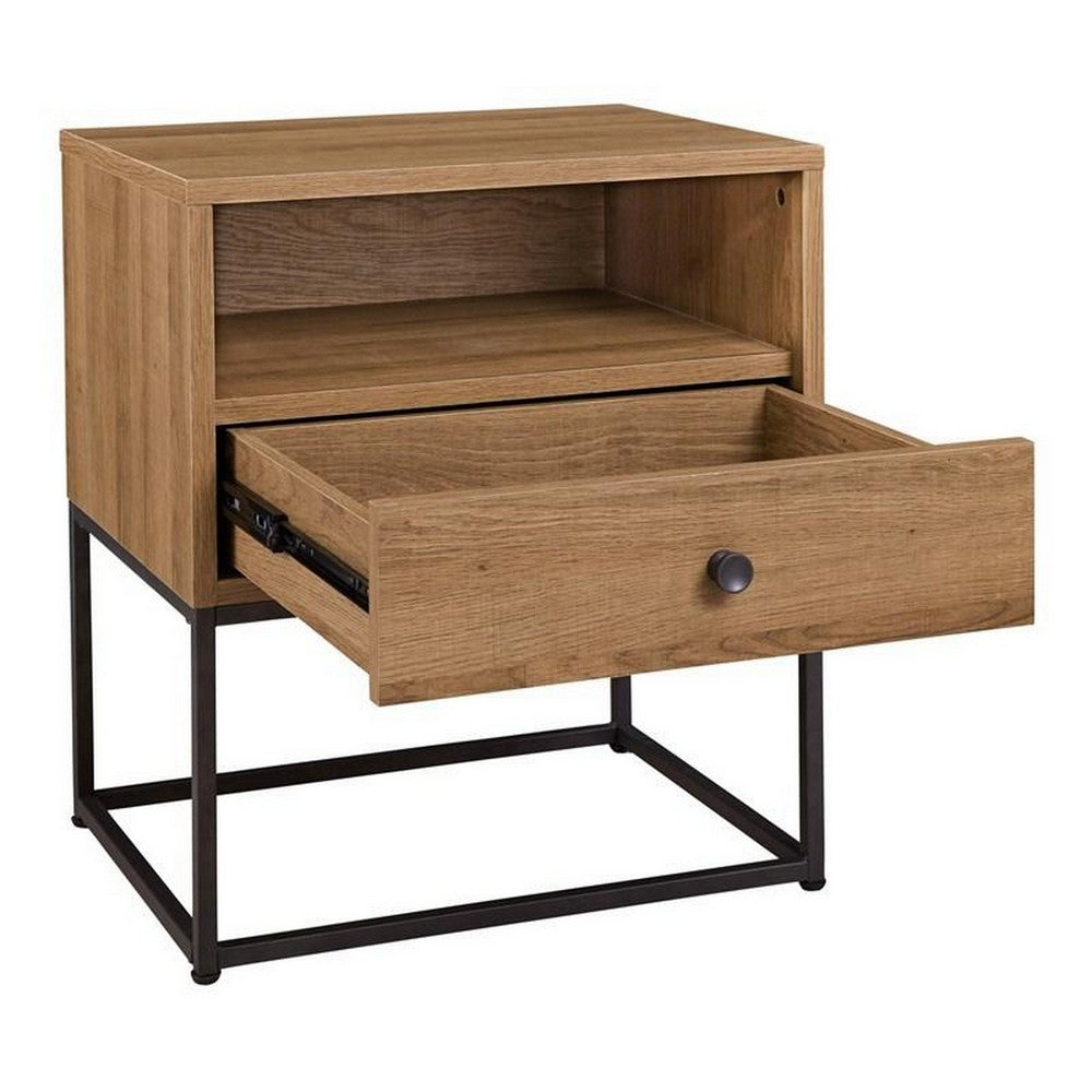 Benjara Mila 22 Inch Modern Wood Nightstand On Metal Base, Open Shelf, Light Brown