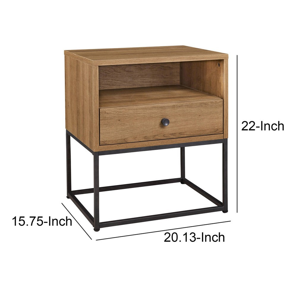 Benjara Mila 22 Inch Modern Wood Nightstand On Metal Base, Open Shelf, Light Brown