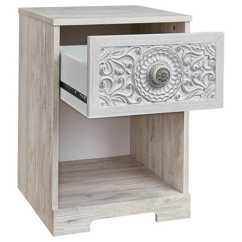 Benjara Nate 22 Inch Classic Nightstand, 1 Compartment, 1 Drawer, Antique White