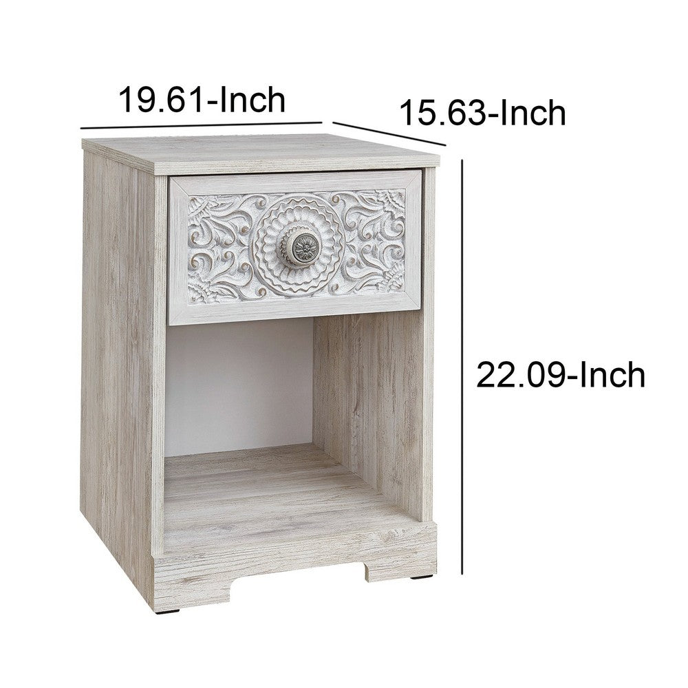 Benjara Nate 22 Inch Classic Nightstand, 1 Compartment, 1 Drawer, Antique White