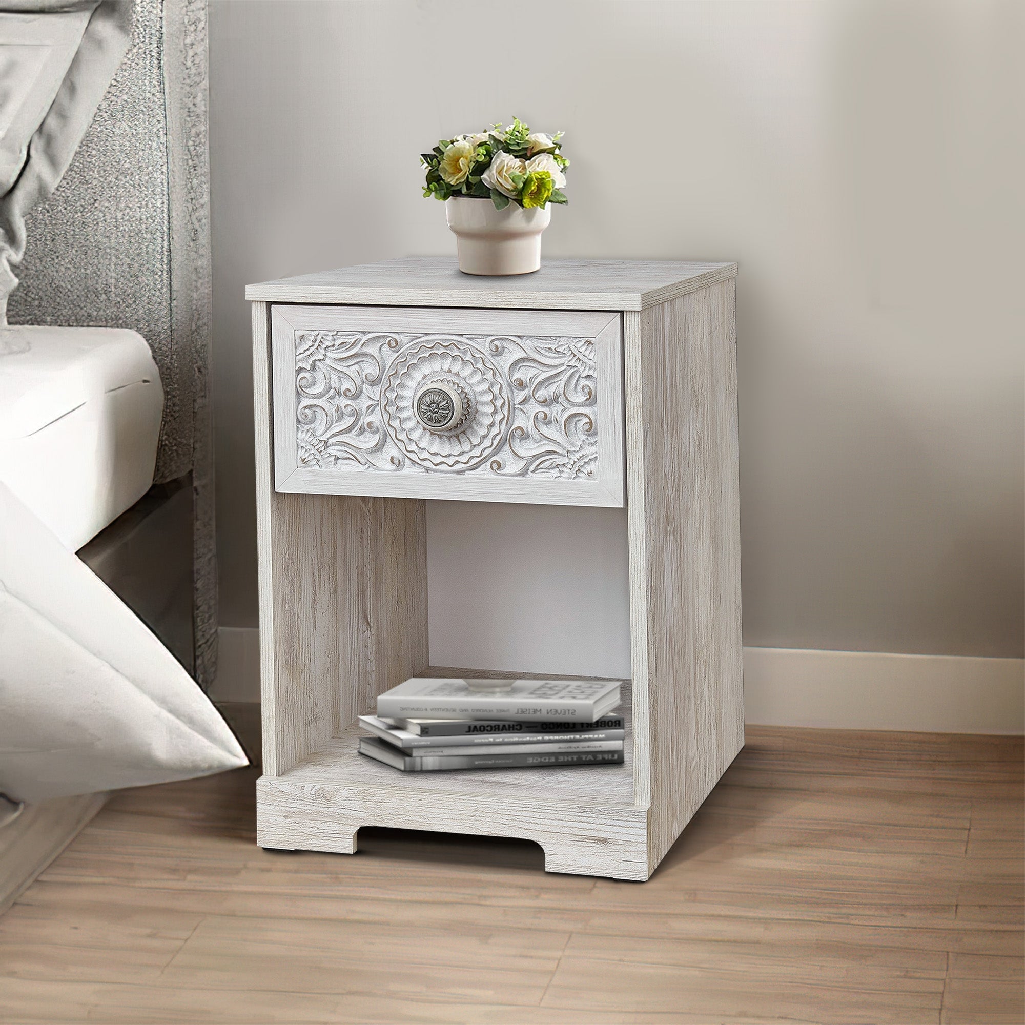 Benjara Nate 22 Inch Classic Nightstand, 1 Compartment, 1 Drawer, Antique White
