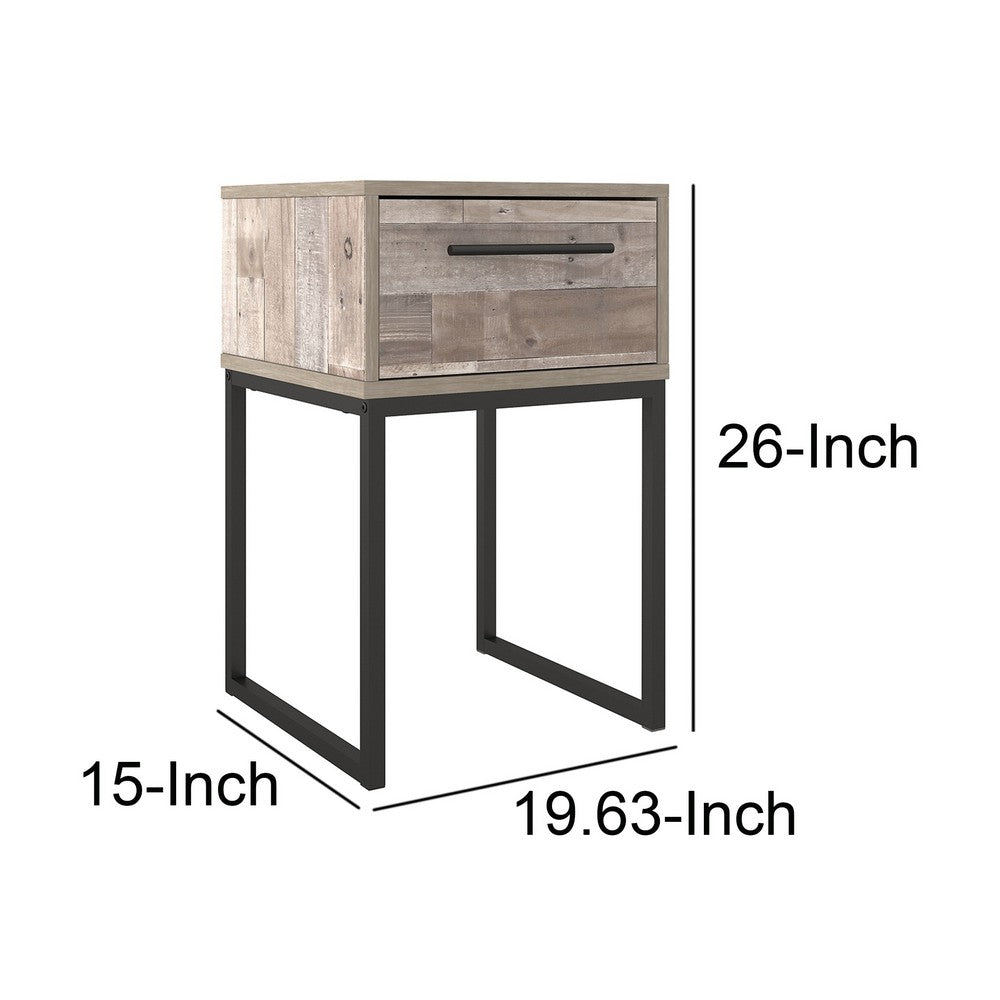 Benjara Grace 20 Inch Modern Nightstand, Metal Base, 1 Drawer, Whitewashed Wood