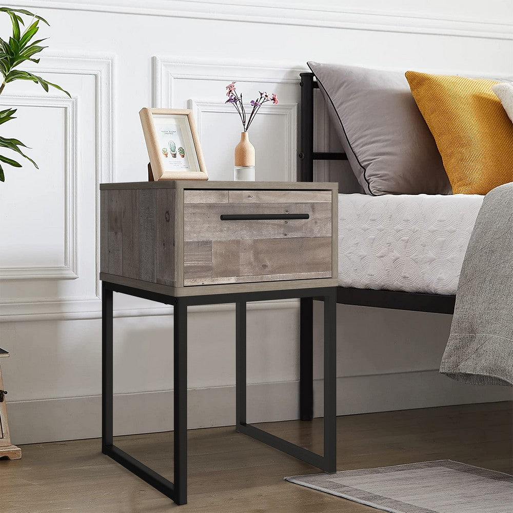 Benjara Grace 20 Inch Modern Nightstand, Metal Base, 1 Drawer, Whitewashed Wood