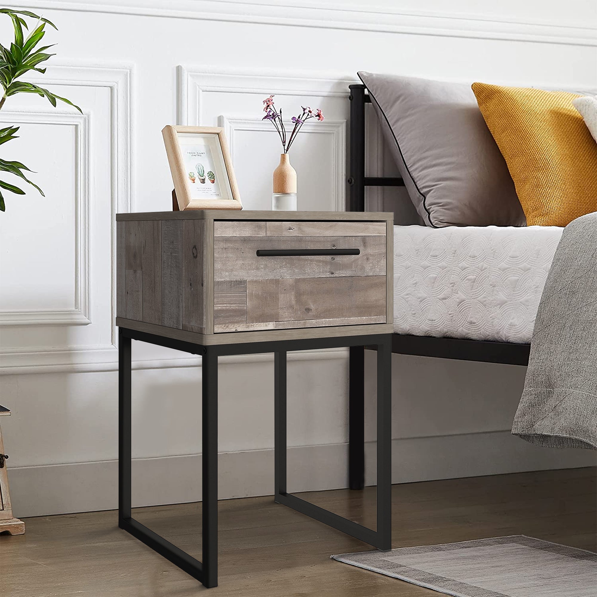 Benjara Grace 20 Inch Modern Nightstand, Metal Base, 1 Drawer, Whitewashed Wood