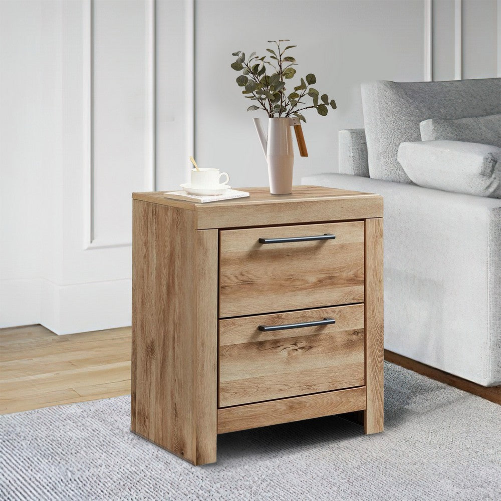 Benjara Amy 24 Inch Modern Wood Nightstand, 2 Drawers, 2 USB Ports, Natural Brown