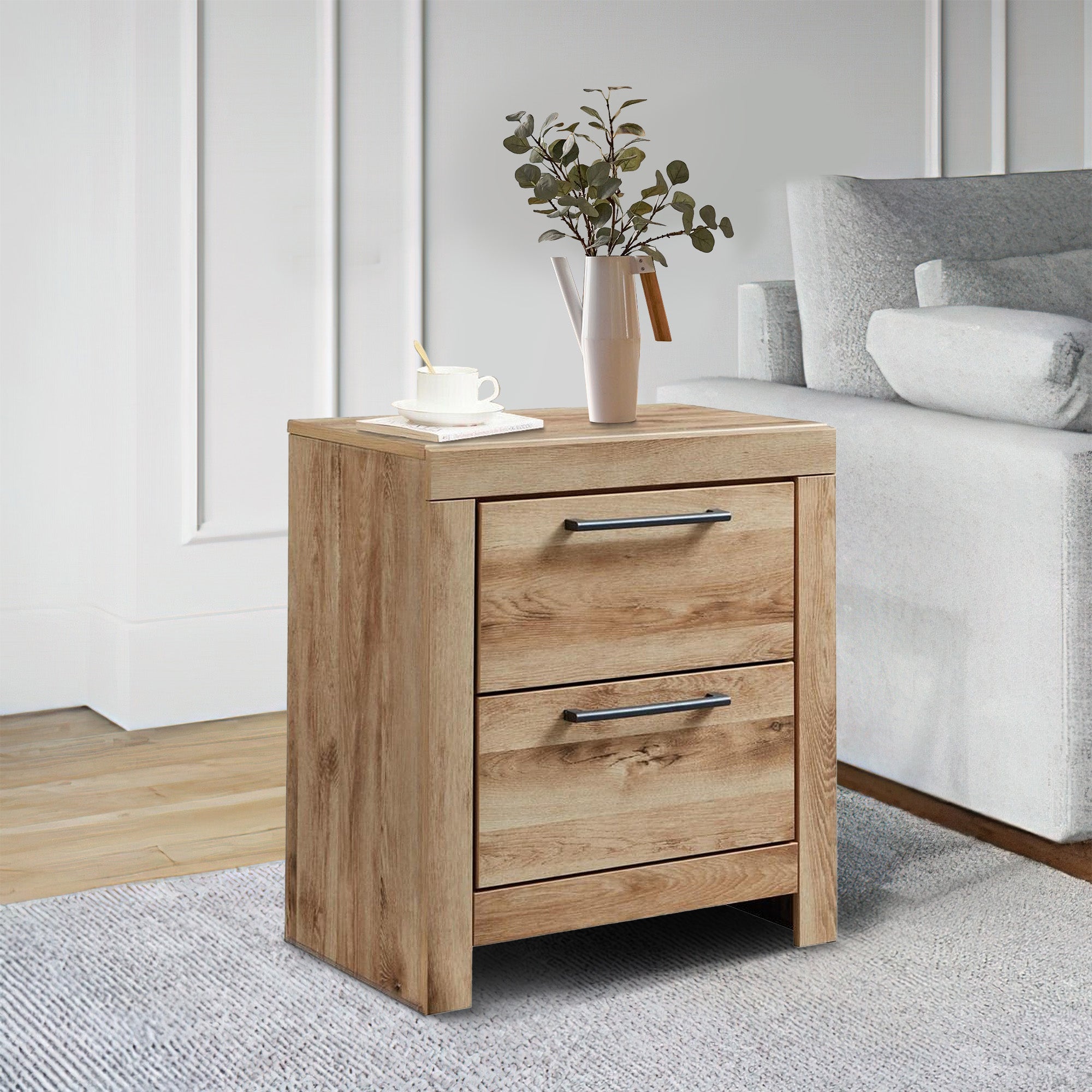 Benjara Amy 24 Inch Modern Wood Nightstand, 2 Drawers, 2 USB Ports, Natural Brown