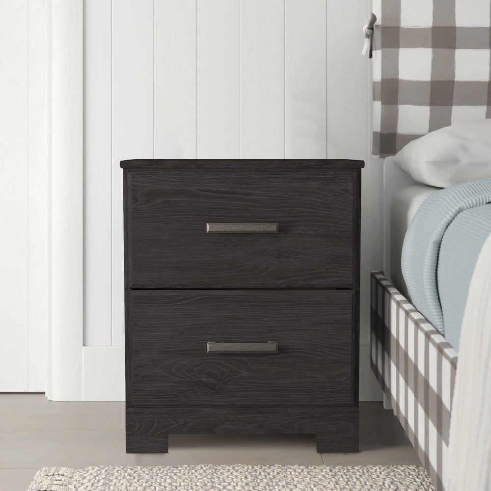 Benjara Wren 24 Inch Modern Rustic Wood Nightstand, 2 Drawers, Oak Grain, Black