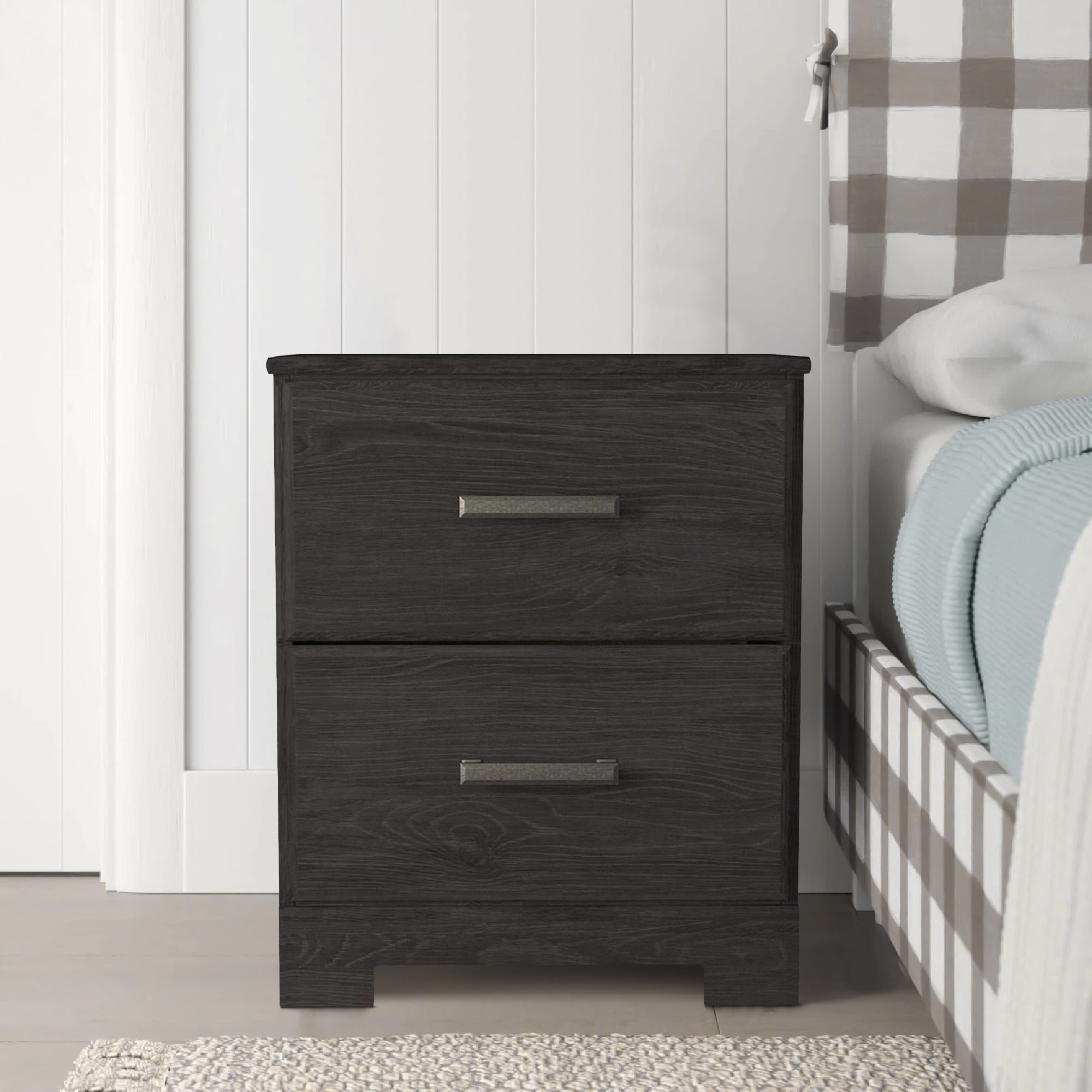 Benjara Wren 24 Inch Modern Rustic Wood Nightstand, 2 Drawers, Oak Grain, Black