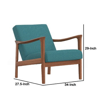Benjara 34 Inch Fabric Padded Accent Lounge Chair, Rubberwood, Teal Blue, Brown
