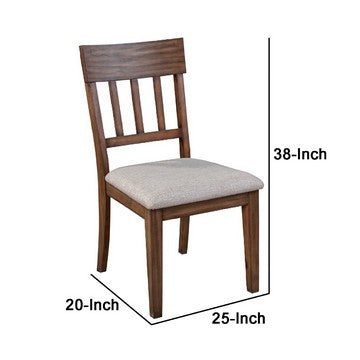 Benjara Dan 25 Inch Dining Side Chair, Slatted Back, Gray Cushion, Set of 2, Brown