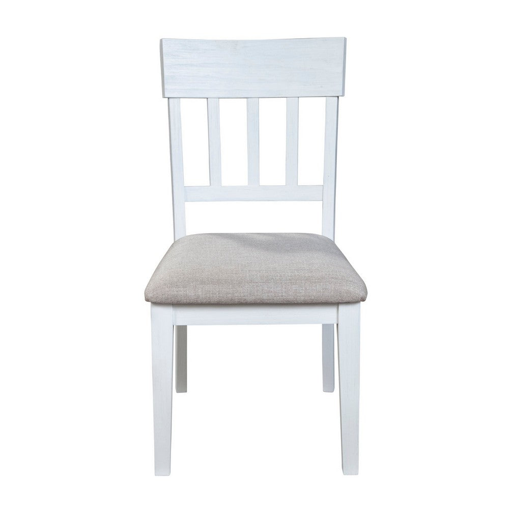 Benjara Dan 25 Inch Dining Side Chair, Slatted Back, Gray Cushion, Set of 2, White