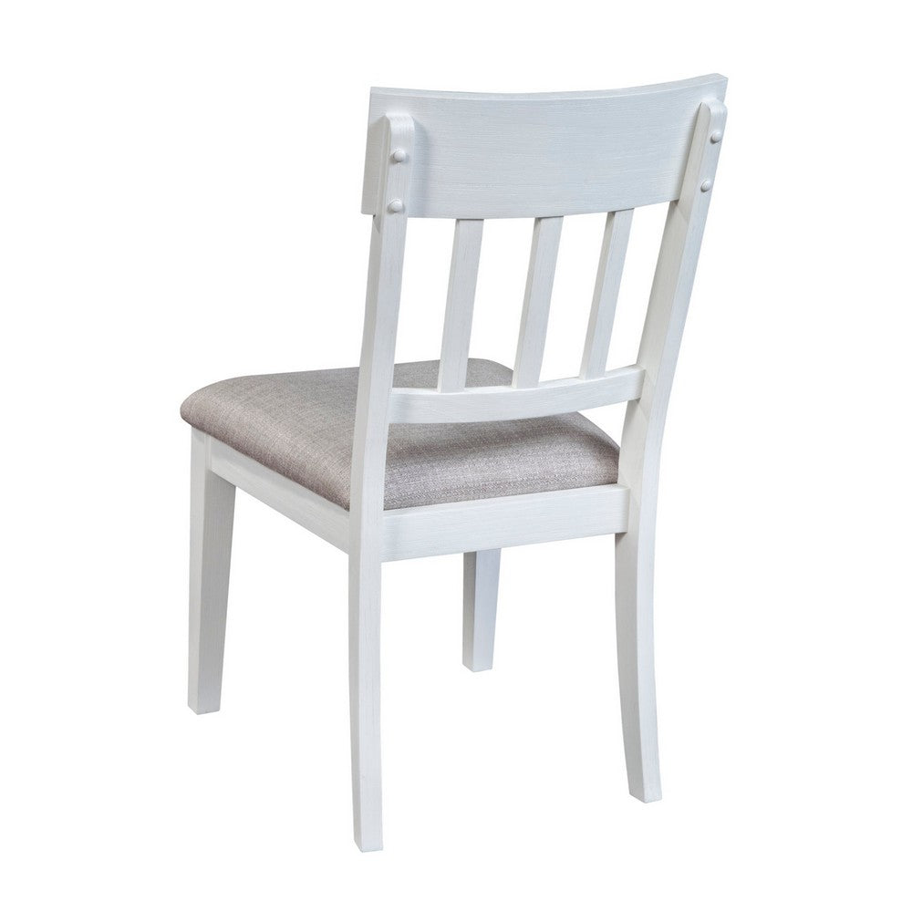 Benjara Dan 25 Inch Dining Side Chair, Slatted Back, Gray Cushion, Set of 2, White