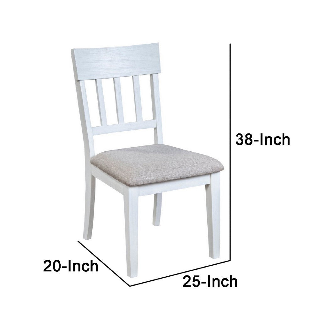 Benjara Dan 25 Inch Dining Side Chair, Slatted Back, Gray Cushion, Set of 2, White