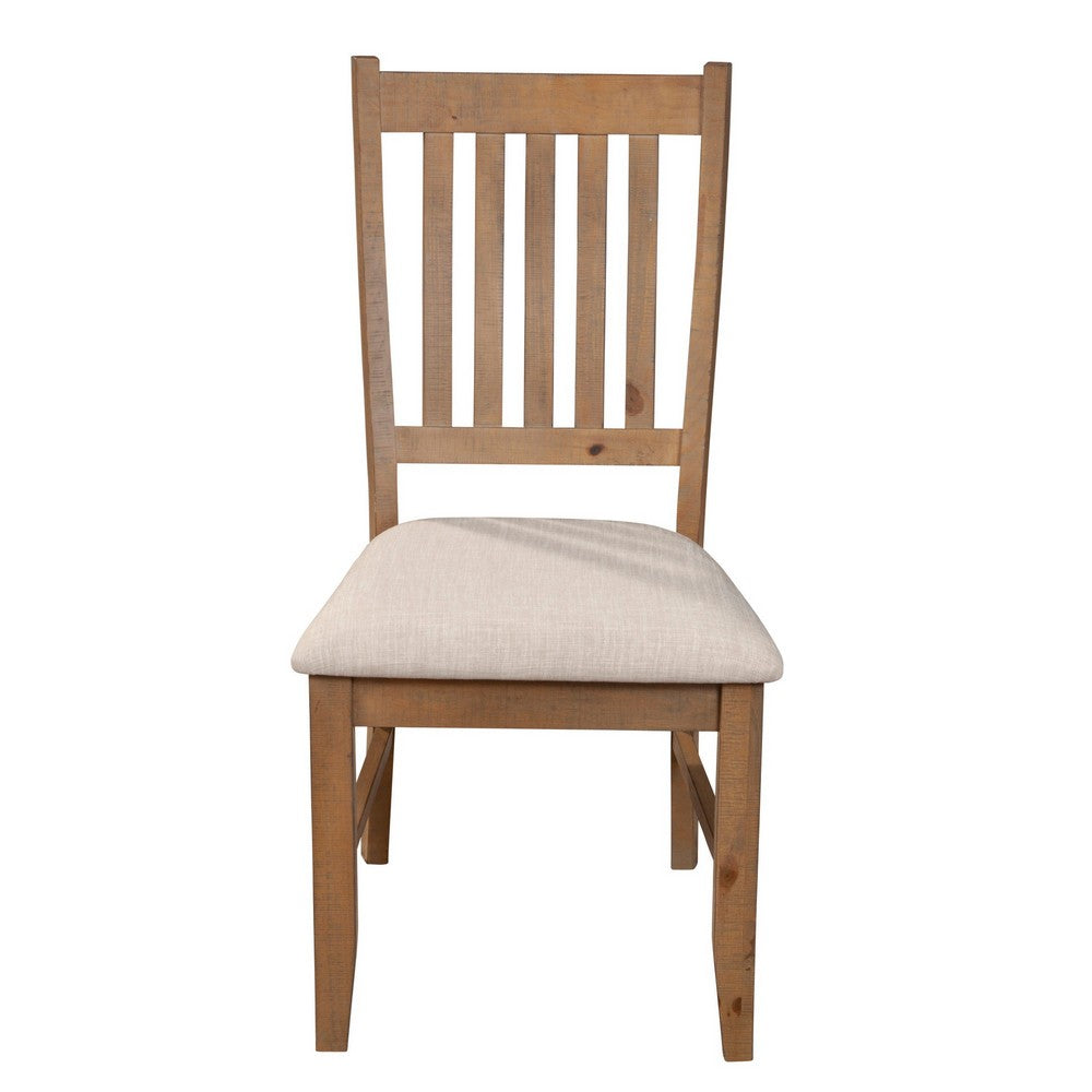 Benjara Tess 24 Inch Set of 2 Dining Side Chair, Slatted Back, Beige Cushion, Brown