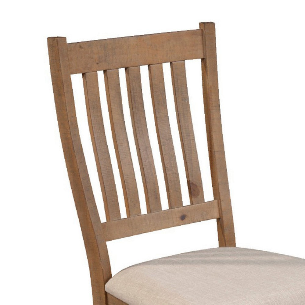 Benjara Tess 24 Inch Set of 2 Dining Side Chair, Slatted Back, Beige Cushion, Brown