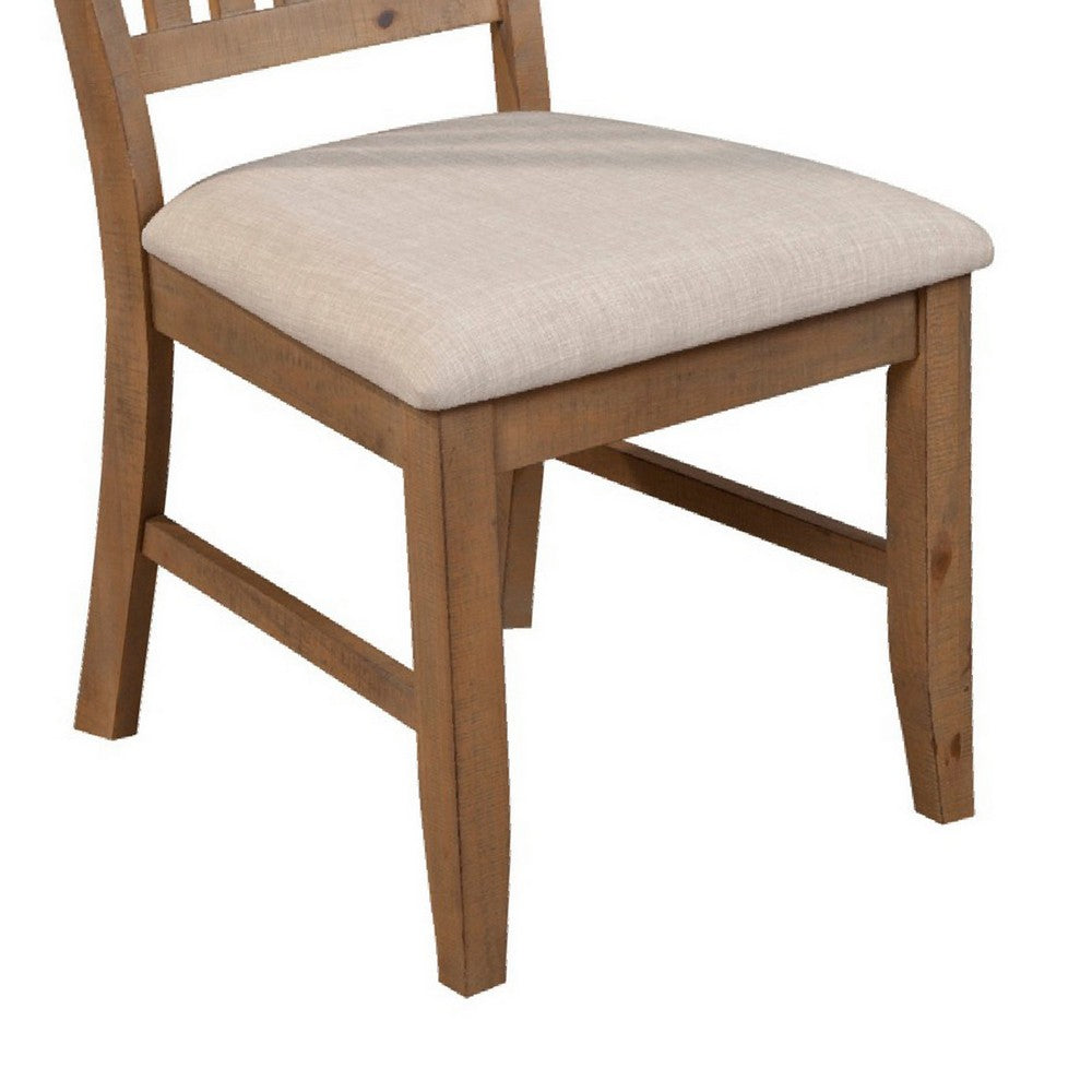 Benjara Tess 24 Inch Set of 2 Dining Side Chair, Slatted Back, Beige Cushion, Brown