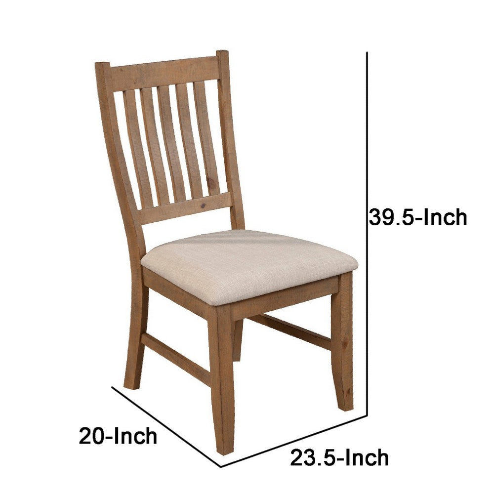Benjara Tess 24 Inch Set of 2 Dining Side Chair, Slatted Back, Beige Cushion, Brown