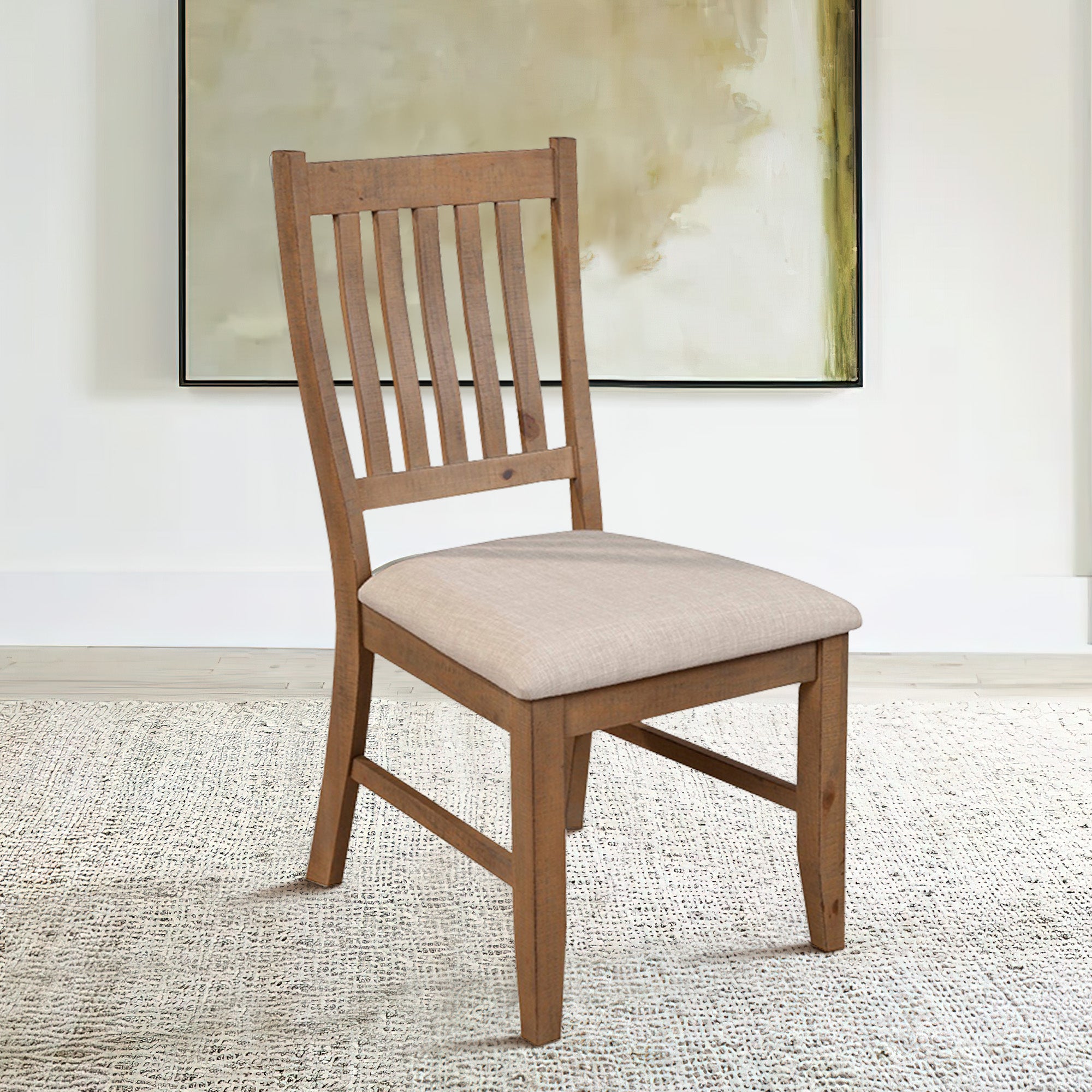Benjara Tess 24 Inch Set of 2 Dining Side Chair, Slatted Back, Beige Cushion, Brown