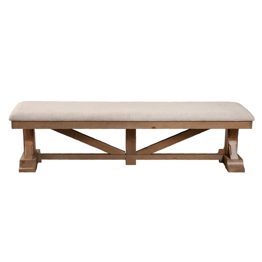 Benjara Tess 69 Inch Dining Accent Bench, Beige Fabric Cushion, Pine Wood, Brown