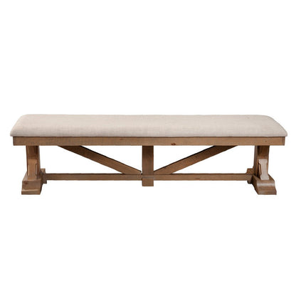 Benjara Tess 69 Inch Dining Accent Bench, Beige Fabric Cushion, Pine Wood, Brown